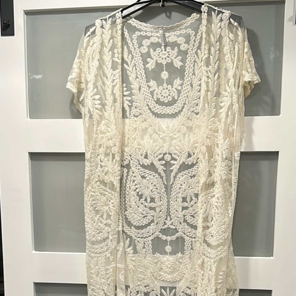 Vanity Cream Sheath Robe Midi Kimono Short Sleeve